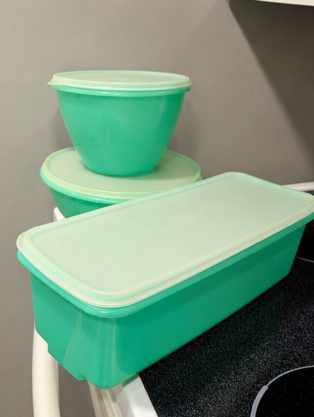 3 Pc. Vintage Tupperware jadeite-green refrigerator-storage set.
